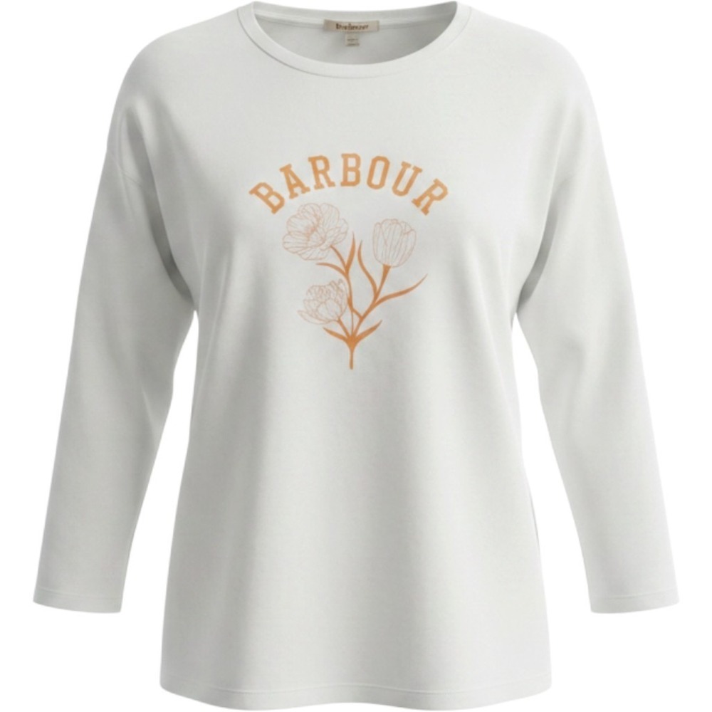 Barbour Women White Long Sleeve Top 6  Crew Neck Cotton Floral Graphic Logo NWTG